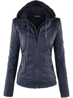 Women’s Navy Blue Hooded Faux Leather Motorcycle Jacket Zip Up Casual Biker Coat